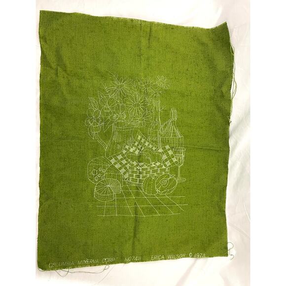 VTG Minerva Crewel Picnic Cross Stitch Kit #7411 Erica Wilson 1973 INCOMPLETE - Picture 1 of 9